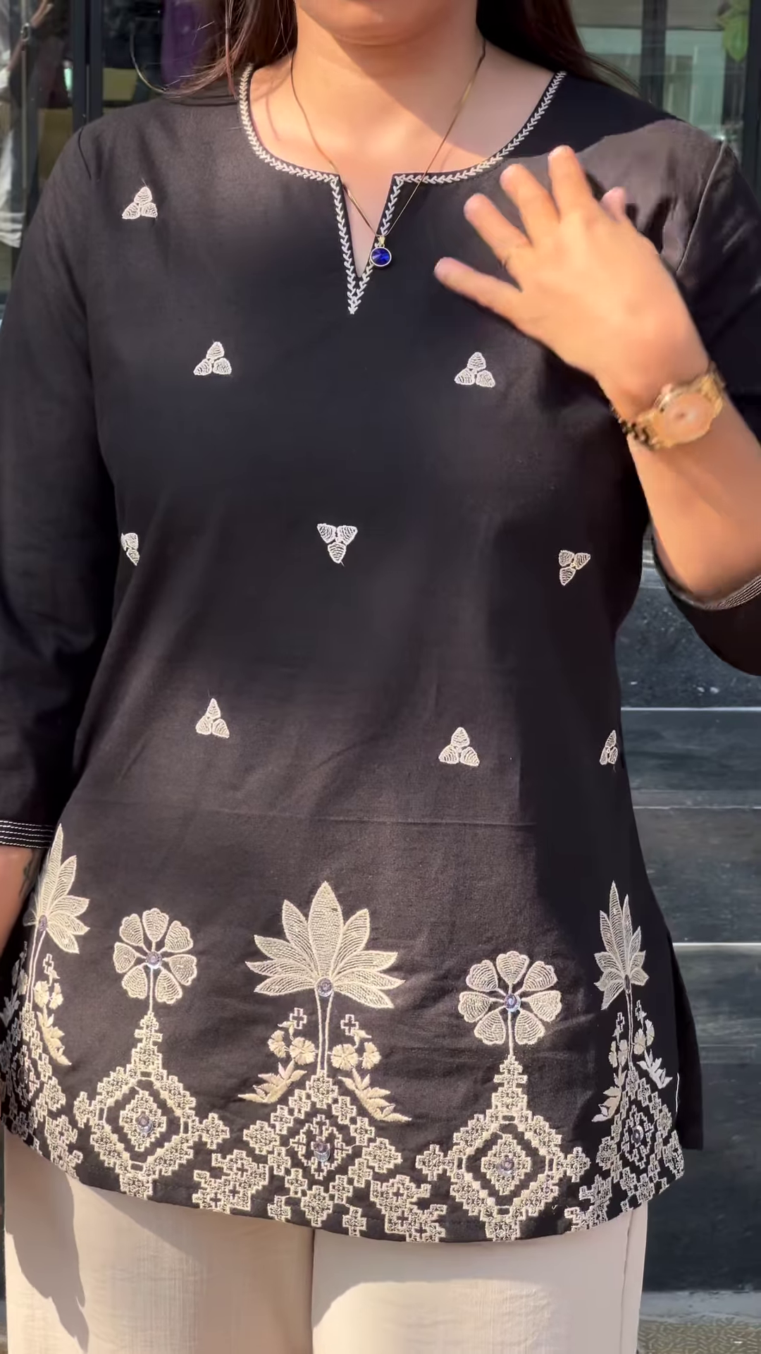Embroidered Black Kurti with White Contrast Detailing - Image 3