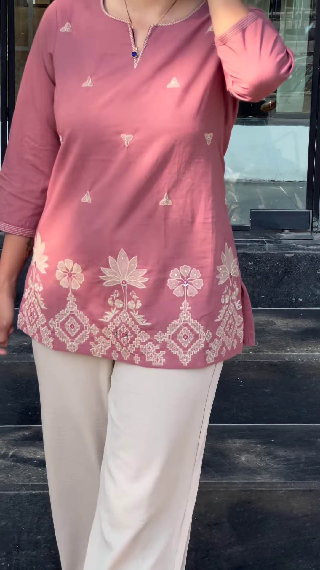 Embroidered Black Kurti with White Contrast Detailing - Image 2