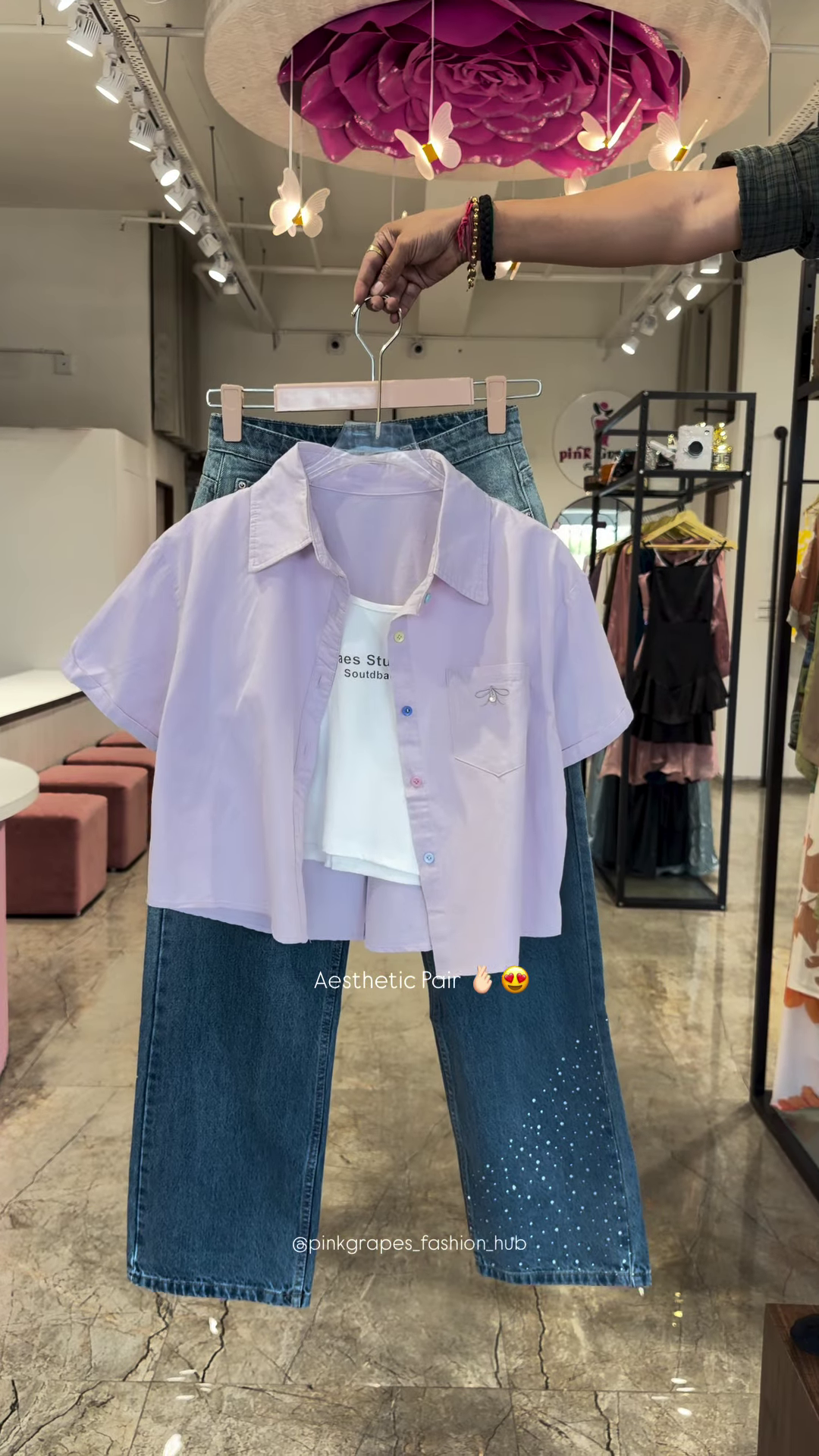 Pastel Button-Down Crop Shirt and Rhinestone-Embellished Denim Co-ord Set