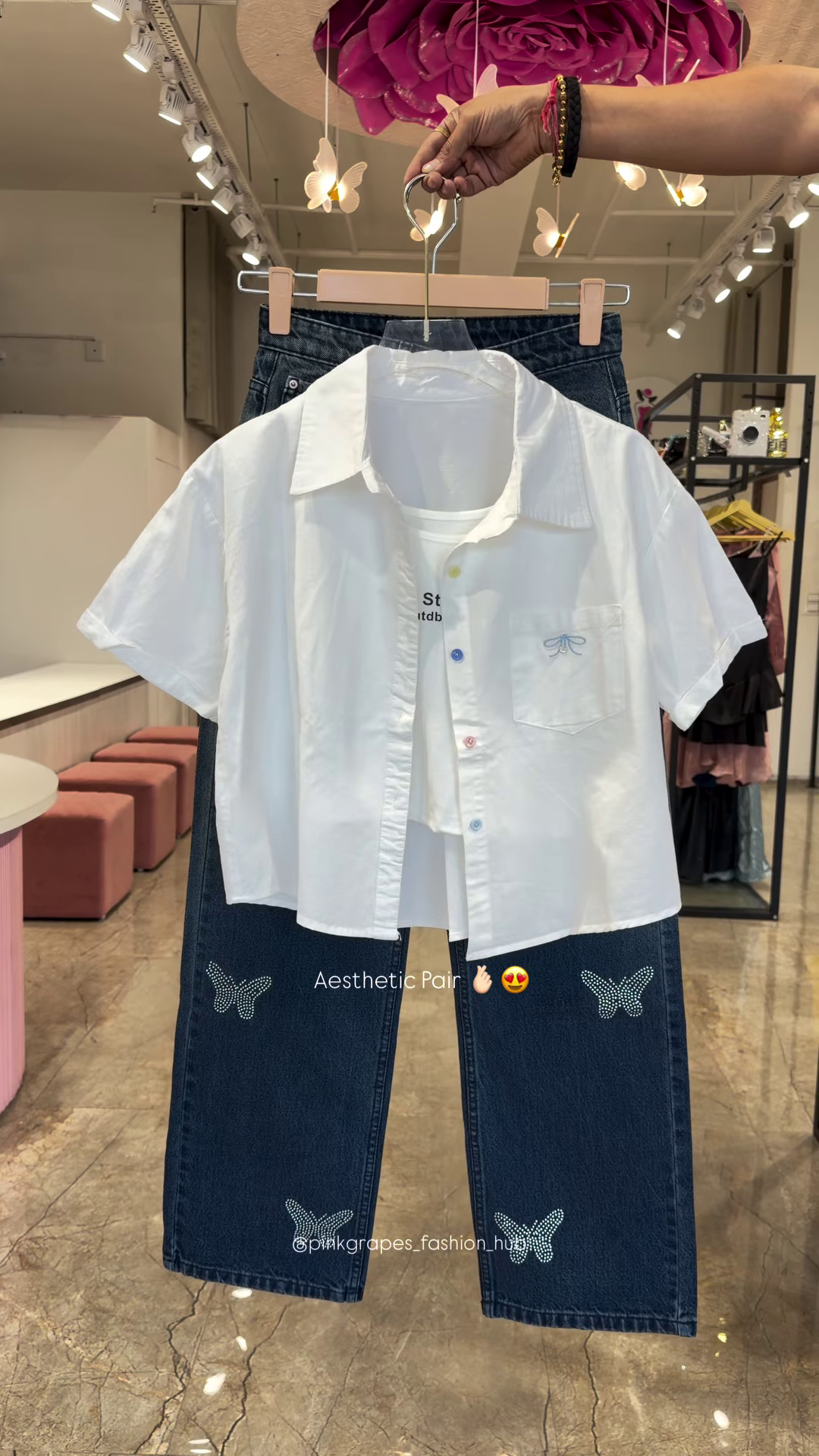 Pastel Button-Down Crop Shirt and Rhinestone-Embellished Denim Co-ord Set - Image 5