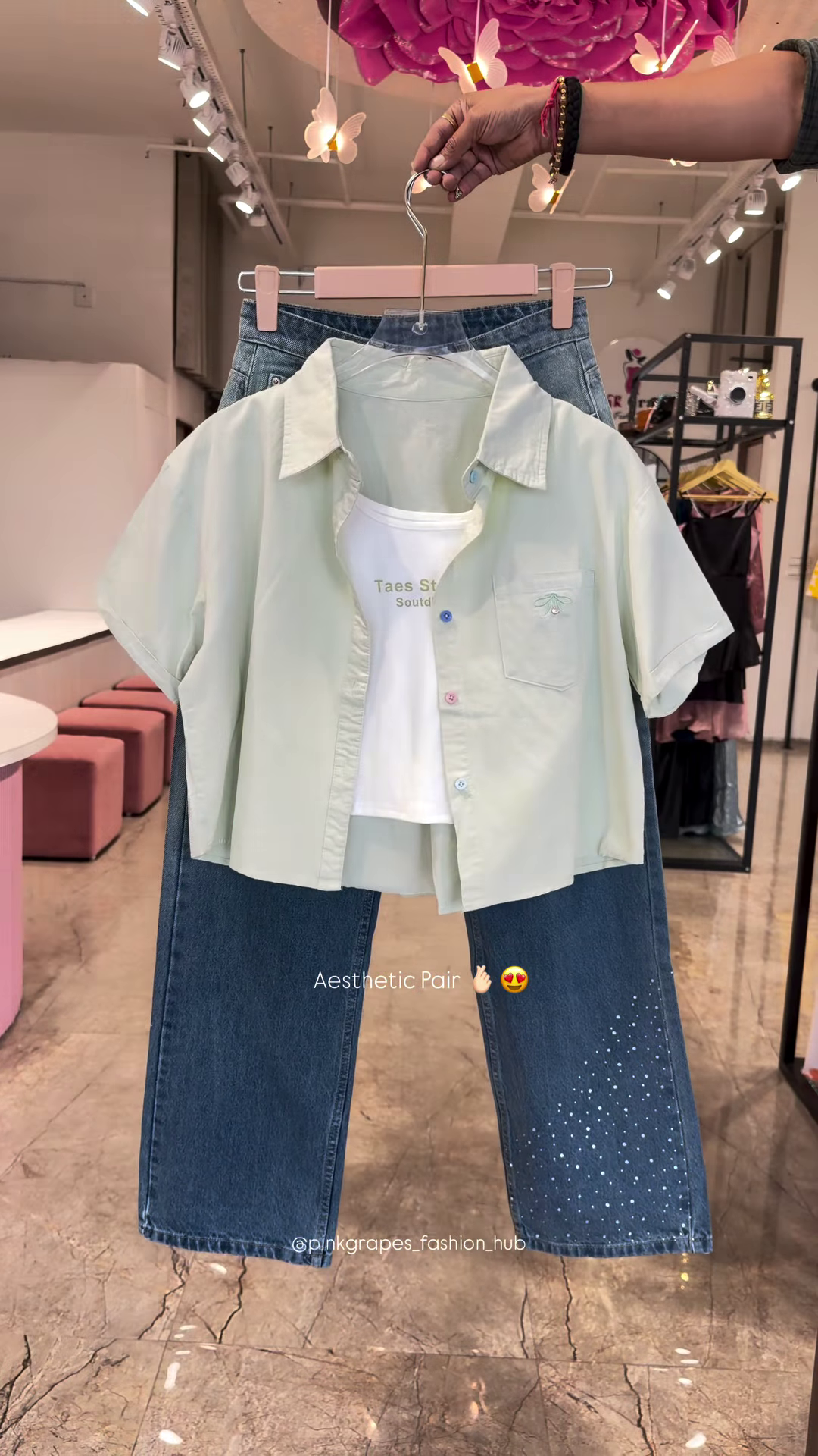 Pastel Button-Down Crop Shirt and Rhinestone-Embellished Denim Co-ord Set - Image 3