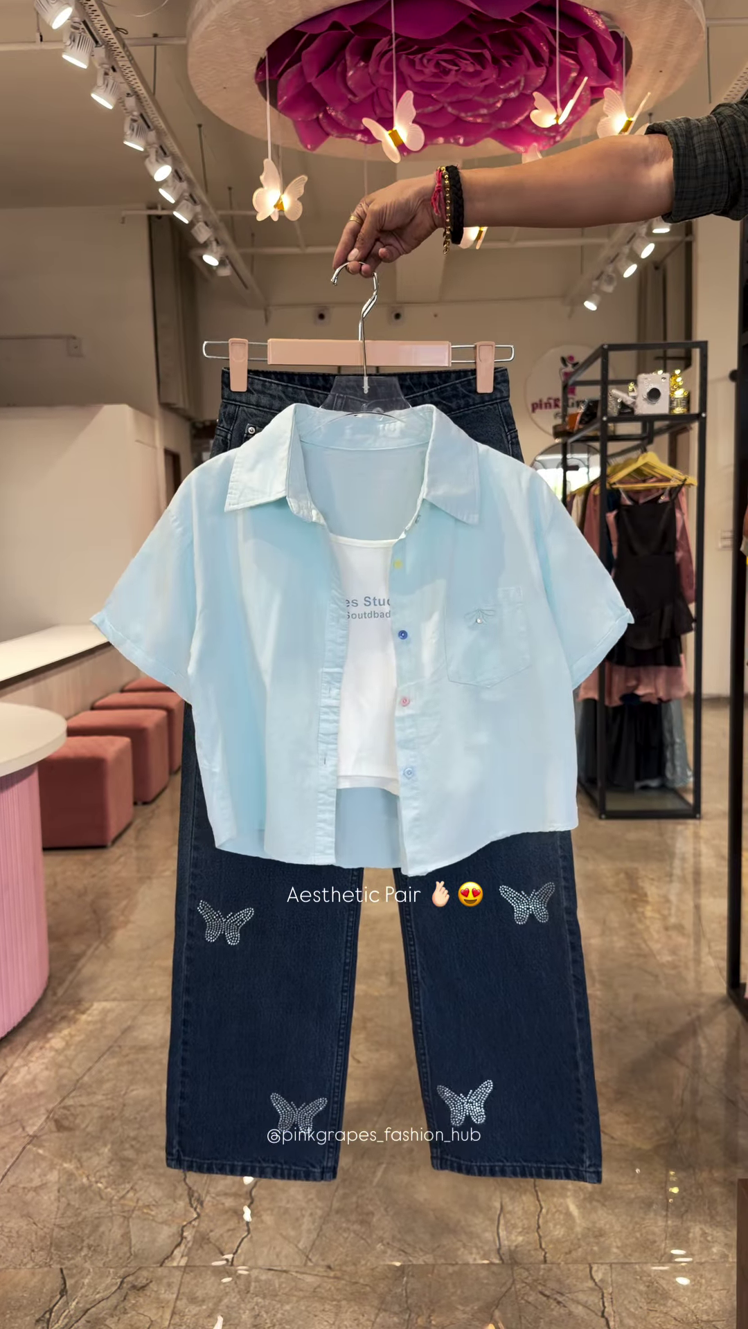 Pastel Button-Down Crop Shirt and Rhinestone-Embellished Denim Co-ord Set - Image 2