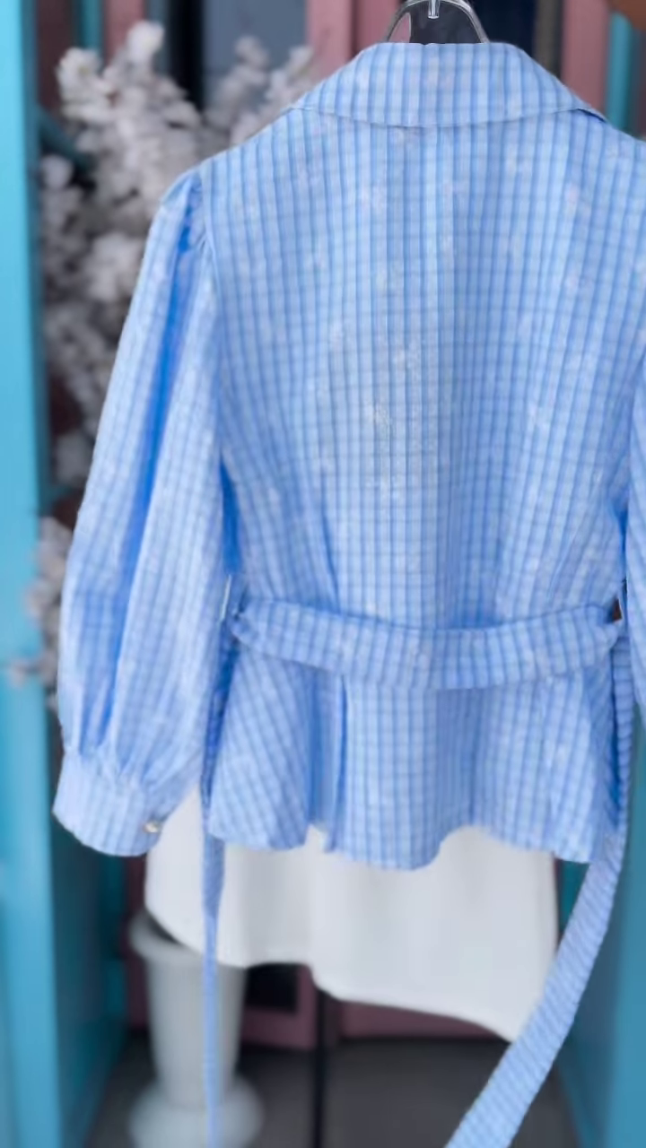 Blue Gingham Puff-Sleeve Shirt and White Trouser Co-ord Set - Image 3