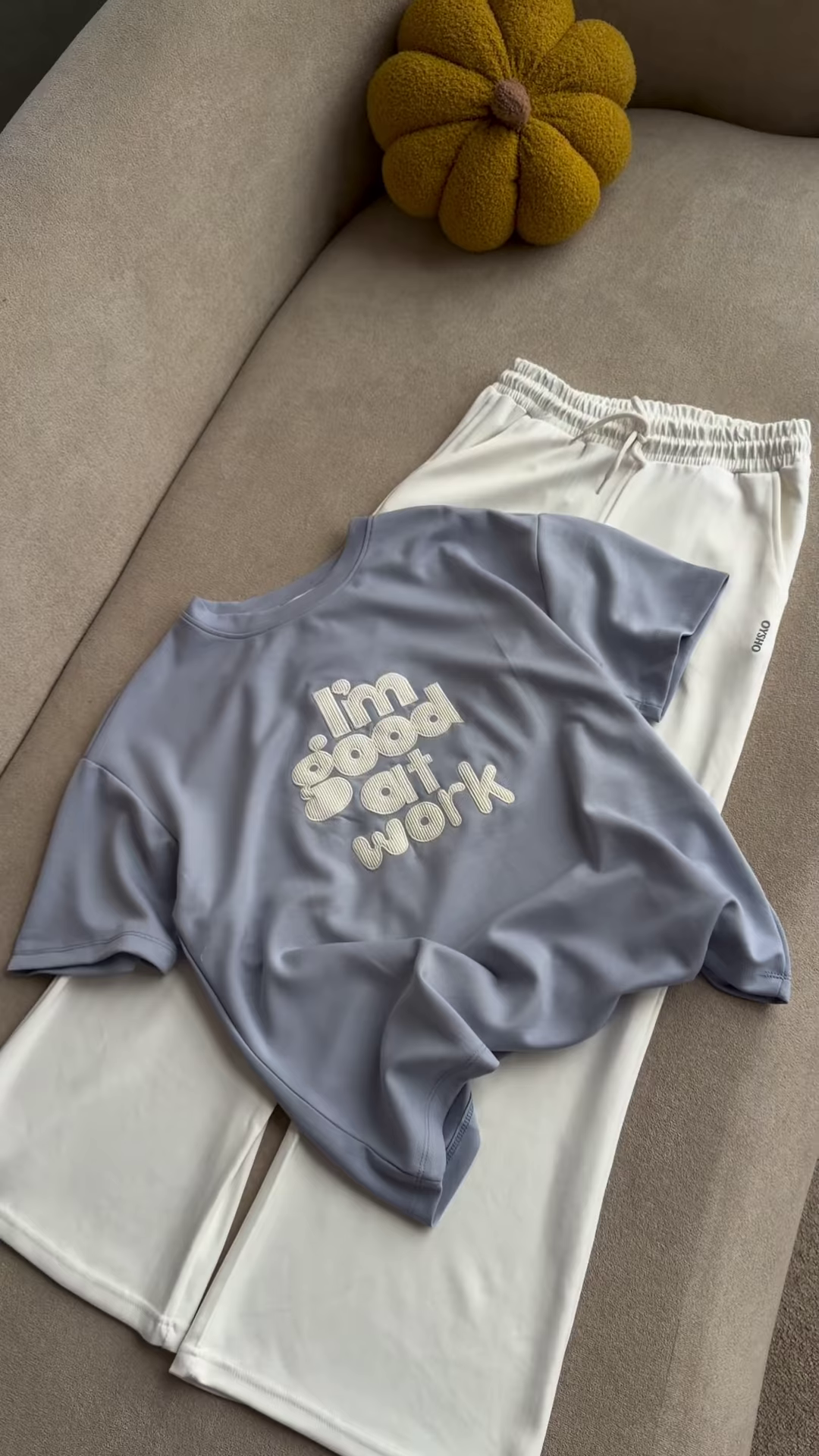 Graphic "I'm Good at Work" T-Shirt and Maroon Lounge Set