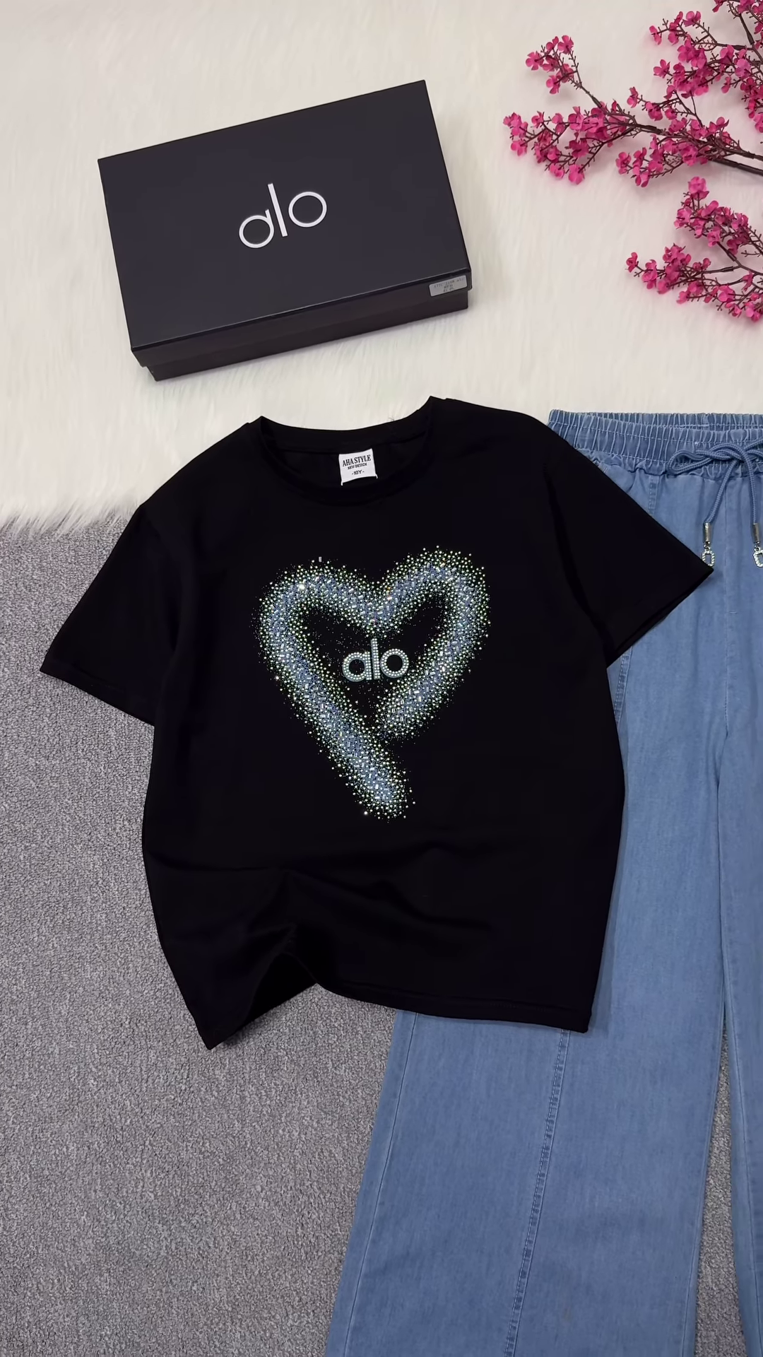 Rhinestone Heart-Embellished Logo T-Shirt and Denim Trousers Set